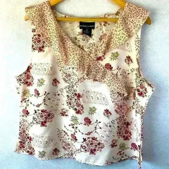 Robert Louis Tops - Robert Louis Silk Floral Sleeveless Ruffle V Neck Tank Top Blouse Size 1X